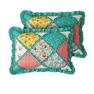 Pioneer Woman Petal Party Pillow Sham Set King Size 2Pc Reversible Patchwork NEW